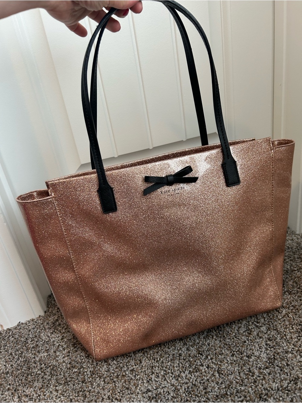 kate spade Rose Gold Glitter Tote with Black Handles and Bow